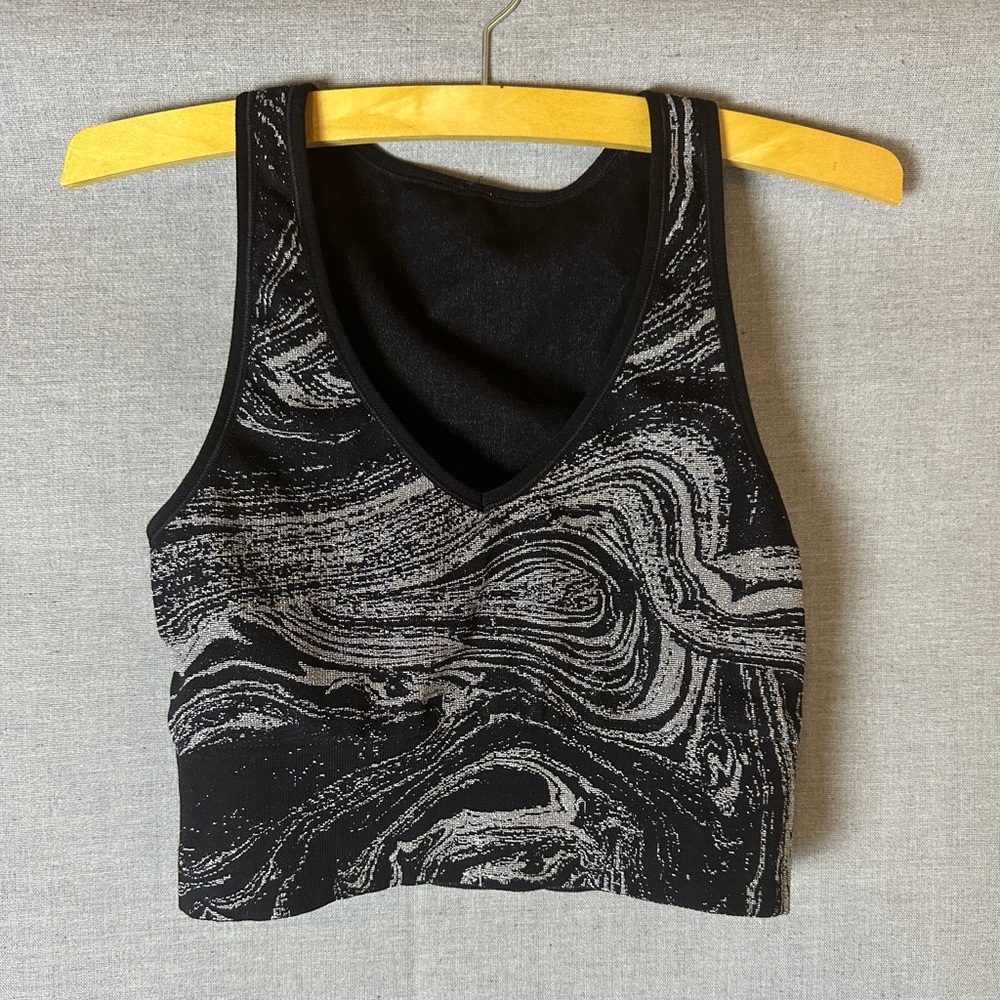 Black and white marbled sparkly sports bra top